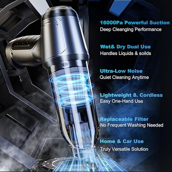 Handheld Vacuum Cordless Hand Rechargeable Car Vacuums with Best Suction Held, 18000Pa Strong Suction, Pumping and Inhaling, Low Noise, for Home and Car