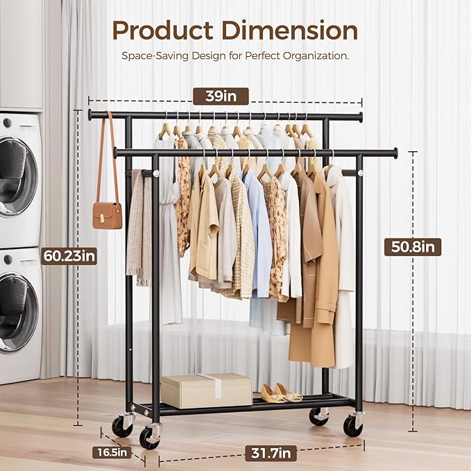HYSEYY Clothes Rack, Double Rods Rolling Clothing Rack for Hanging Clothes, Portable Garment Rack with Wheels, Coat Rack Wardrobe Closet Load 240 LBS for Bedroom Laundry Room, Black