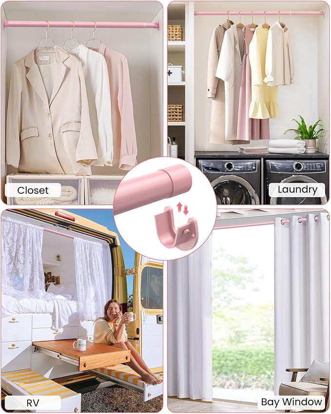Supforce Closet Rods for Hanging Clothes, 17 to 69 Inches Stepless Adjustable Metal Closet Rod, 1.3 Inches Heavy Duty Clothes Hanging Rod for Closet Wardrobes Laundry RV, Pink