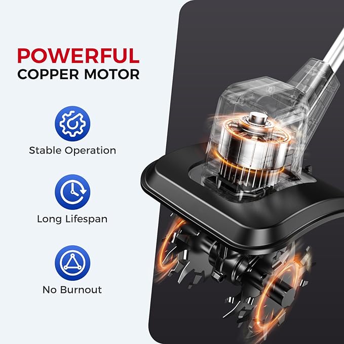 Upgraded Cordless Electric Tiller for Gardening, Total 8.0Ah Battery Powered Mini Cultivator with 2×4.0AH Batteries, 9" Width, 6.6" Depth, 48 Steel Tines Rototiller for Soil Cultivation