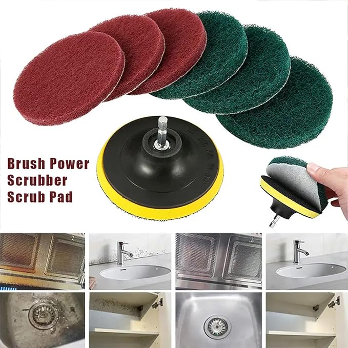 4 Inch Drill Powered Brush Tile Scrubber Scouring Pads,6 Scrubbing Pads with 4 Inch Pad Holder,1Quick Change Hex Shaft for Kitchen Bathroom Grout Tub Grill Cleans Large Flat Areas