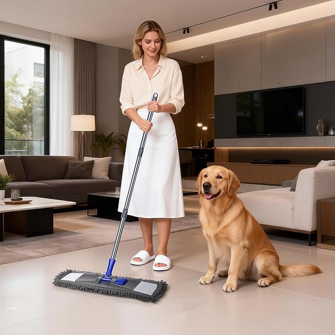 MASTERTOP Microfiber Mop for Floor Cleaning, Flat Dust Mop for Home and Kitchen, Adjustable Stainless Steel Handle with 4 Washable Pads&1 Cleaning Scrape for Hardwood, Vinyl