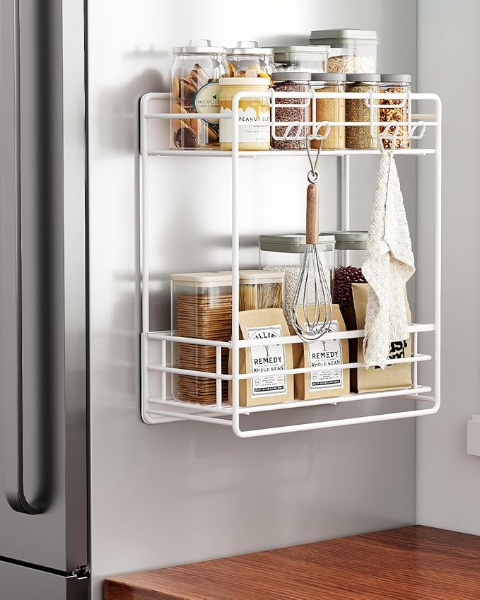 Nieifi 2 Tier Magnetic Shelves for Washing Machine, Magnetic Spice Rack for Refrigerator, Laundry Room & Kitchen Organizer Storage Baskets, White