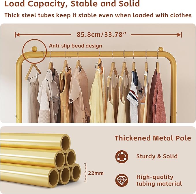 JIUYOTREE Standard Clothes Clothing Garment Rack with Storage Shelves Clothes Organizer for Hanging Clothes Coat Jacket Shirt Sweater Jeans Gold