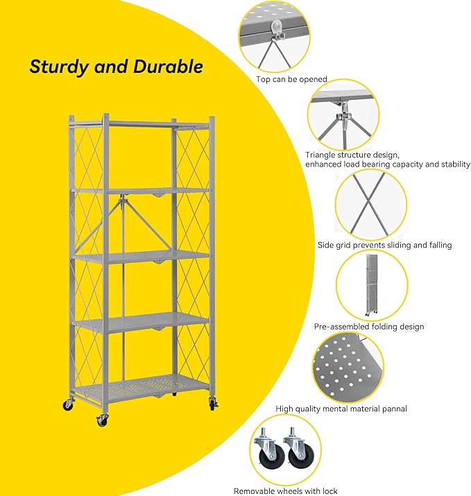 BRIAN & DANY 5-Tier Foldable Storage Shelves with Wheels, Folding Metal Rack Shelving Unit, Heavy Duty No Assembly Organizer Shelf for Garage, Kitchen, Basement, Pantry, Gray