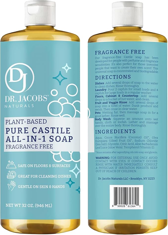 Dr. Jacobs Naturals Fragrance Free Castile All-in-One Cleaner and Soap - Plant-Based Formula for House Cleaning Floors and Appliances - Gentle on Skin and the Planet - 32 oz, 1 Pack