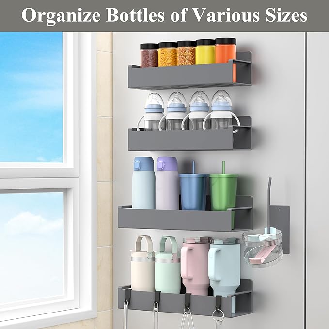 Magnetic Water Bottle Holder for Refrigerator, Cup Holder Organizer for Stanley and Tumbler for Kitchen, 4 Pack, Dark Gray