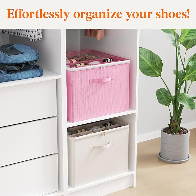 Lifewit 6 Pack Shoe Storage Organizer for Closet, Large Shoe Box Storage Containers with Clear Cover, Foldable Storage Bins Fit for Boots Fits 72-96 Pairs (Each 12-16 Pairs) Pink