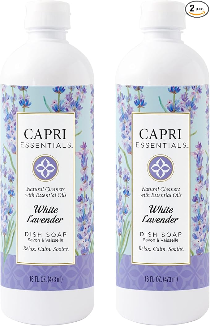 CAPRI ESSENTIALS Dish Soap Liquid, Natural Household Cleaning, Plant Based Aromatic Dish Detergent, Blend of Essential Oils with Juniper & Chamomile, White Lavender, 16 FL Oz (2 Pack)