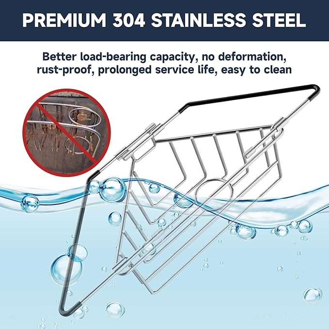 NiHome Extendable Arm Stainless Steel Kitchen Sink Corner Caddy, Easy Install Space-Saving Adjustable Sponge Holder, Non-Slip Rust-Resistant for Brushes, Soap, Sponges (Silver)