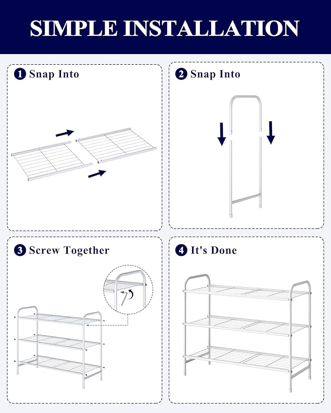 Kitsure Shoe Rack - Stainless Steel Shoe Organizer, Sturdy Shoe Rack for Closet and Front Door Entrance, Free Standing Shoe Shelf, Closet Organizers and Storage, 25.6" Wide - 3 Tier, White