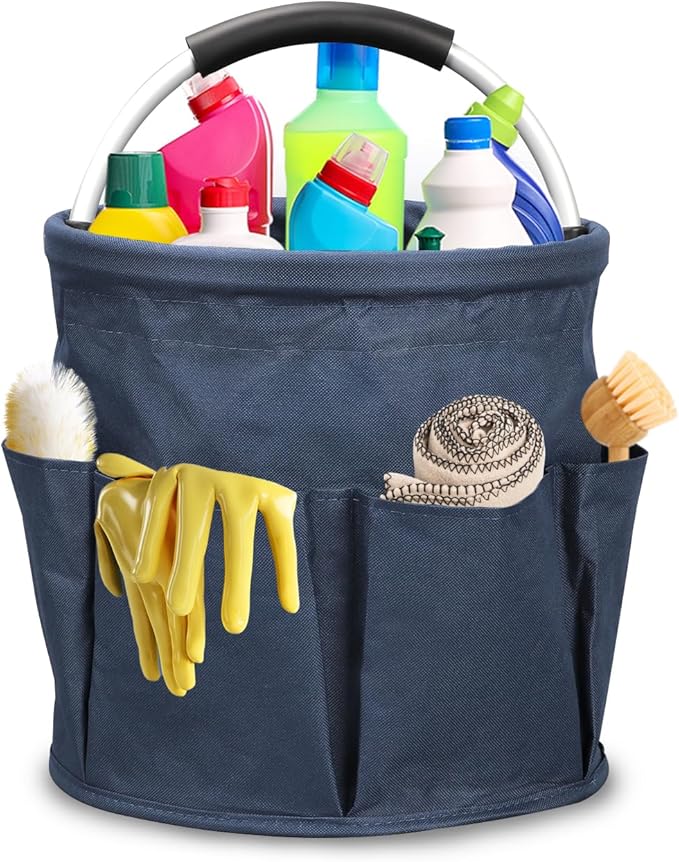 Qivine 17L Cleaning Caddy with Handle, Cleaning Supply Caddy Foldable Tool Bag Cleaning Products Organizers Portable Cleaning Bucket Organiser for Storing Towels(Blue)