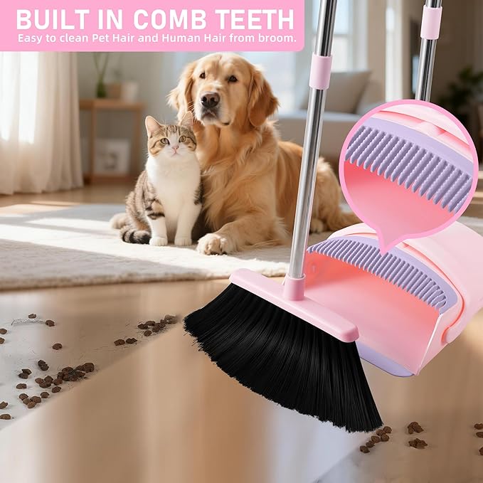 Broom with Dustpan Combo Set, 52-in Adjustable Handles Broom and Dustpan Set with Combo Teeth Easy to Scrape Off Pet Hair, Indoor&Outdoor Sweeping