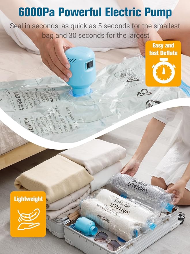 Vacuum Storage Bags with Electric Air Pump, New Air Valve Combo 15 Pack Compression Bag, Space Saving Vacuum Sealer Bags for Clothes, Blanket, Duvets, Pillows, Comforters, Travel, Two Compressing Ways