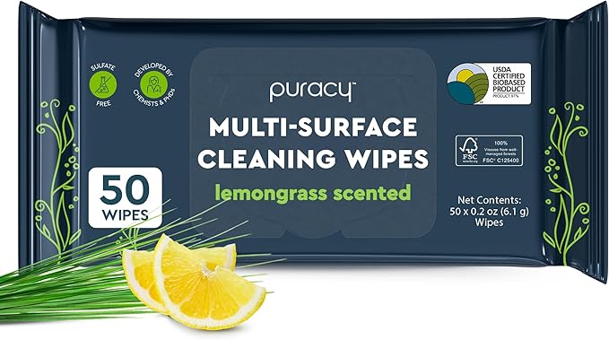 Puracy Multi-Surface Cleaning Wipes – Non Toxic Multi Surface Cleaner for Grease & Grime, All Purpose Appliance Wipes, Lemongrass Scent (10.8 oz, 1 Pack, 50 Count)