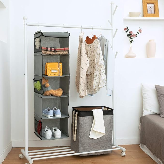 BrilliantJo 5 Shelves Hanging Closet Organizer, 2 Pack Hanging Storage with 6 Side Pockets for Clothes Bags, 43"x12"x12"(Gray)