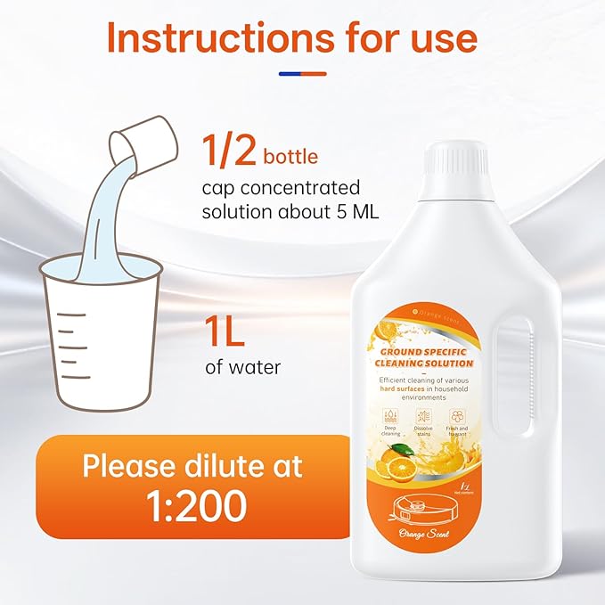 1L Sweet Orange Floor Cleaning Solution Compatible with Roborock&Eufy&iRobot&Ecovacs&Dreame&Shark, Fragrance Deodorization, Deep Cleans for Multiple Hard Floors, Suitable With All Robot Vacuum