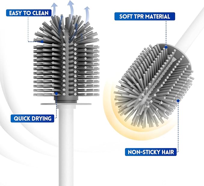 2 Pack Silicone Toilet Brush, Soft Toilet Bowl Cleaner Brush Set for Deep Cleaning. Bathroom Accessories with Long Handle, Wall mountable. - White
