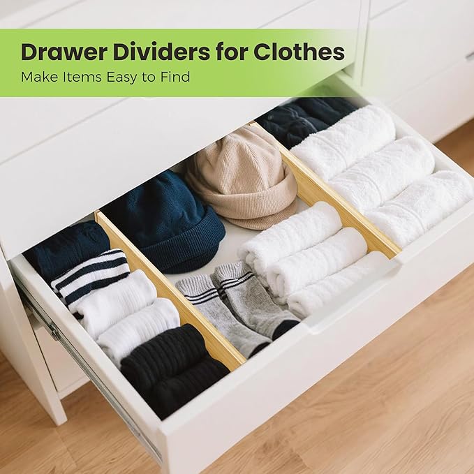 Fyvva Drawer Divider, Adjustable Bamboo Kitchen Drawer Organizer, Spring Loaded Drawer Organizer, Dresser Separators for Kitchen, Bathroom, Clothes, Office Desk Storage (Natural, 8 Pack Large)