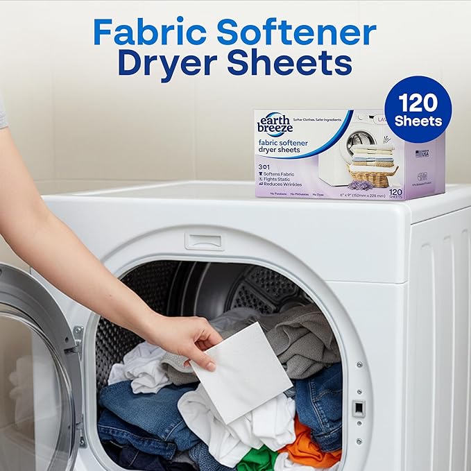 Earth Breeze Fabric Softener Dryer Sheets – Lavender, Hypoallergenic, No Harsh Chemicals, Safe Ingredients – Soft Clothes – Static Cling & Wrinkle Reducer – Gentle Fabric Care – Made in USA (1 Pack)