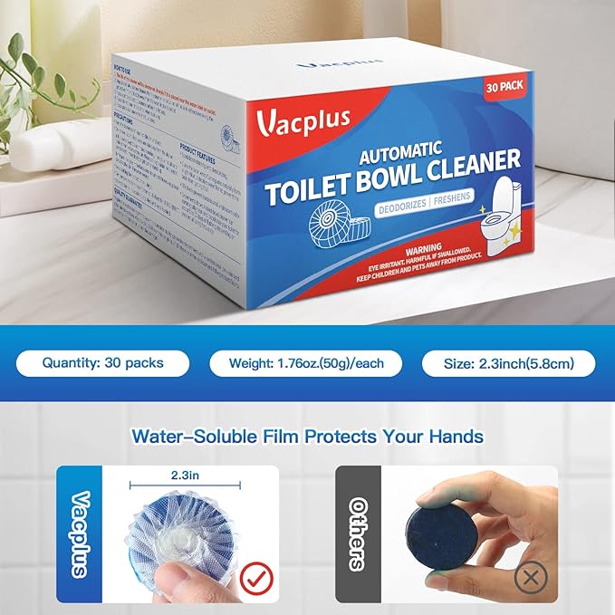 Vacplus Toilet Cleaner Tablets 30 Pack, Automatic Bowl & Tank Cleaner, Septic Safe, Powerful Cleaning, Prevent Stains & Deodorize