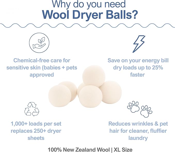 Premium Wool Dryer Balls – XL 6-Pack, 100% New Zealand Wool, Organic & Reusable, Natural Fabric Softener Alternative, Reduces Static, Wrinkles & Drying Time