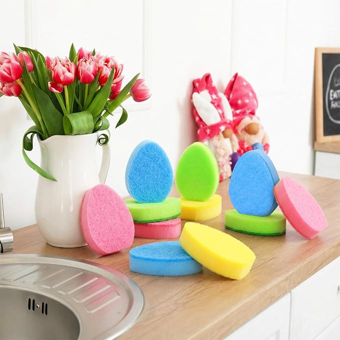 Tioncy 12 Pack Kitchen Sponges Bulk Dual Sided Scrubber Sponges Dishwashing Kitchen Cleaning Accessories for Household Supplies (Easter Eggs,Pink, Green, Blue, Yellow)