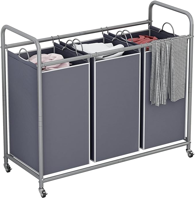 LINZINAR 3-Bag Laundry Sorter,Laundry Hamper Cart with Heavy Duty Rolling Lockable Wheels and Removable Bags (Grey)