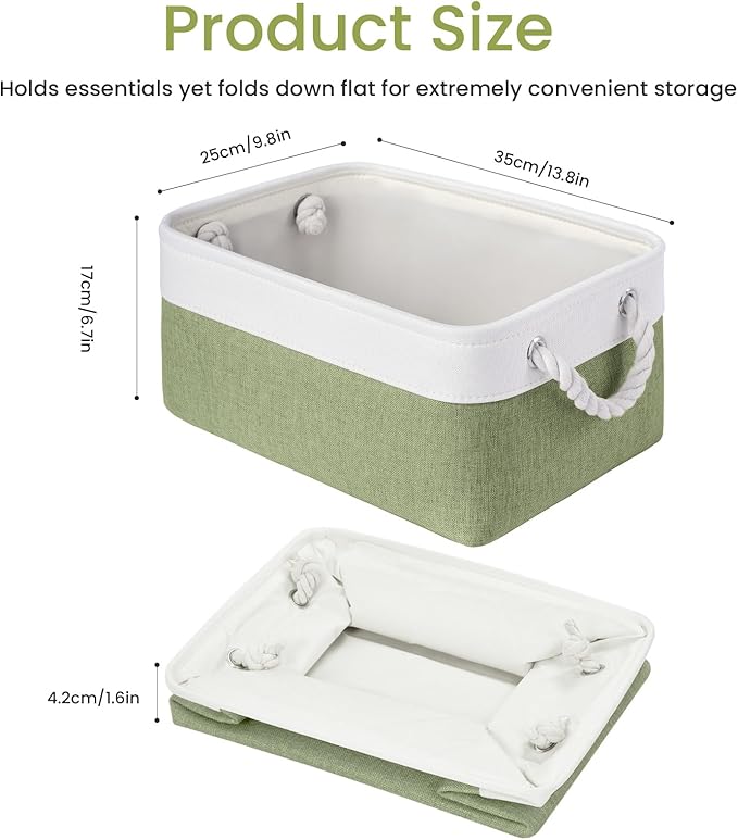 Storage Baskets for Shelves 13.8x9.8x6.7 Inch-Foldable Fabric Organizing Storage Bins with Handles, Closet & Bathroom Organizer, Home Storage for Kitchen, Office (6-Pack, White&Green )