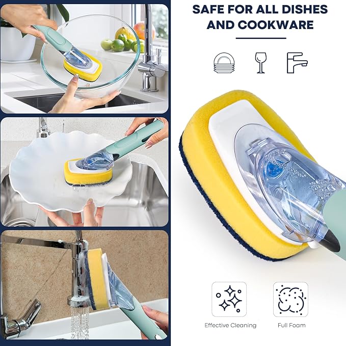 Dish Brush with Soap Dispenser Storage Set with 2 PCS Brush Refills & Holder, Dish Scrubber with Soap Dispenser, Dish Soap Brush, Dish Wand with Soap Dispenser for Dishes, Pans, Sink, Pots(Blue)