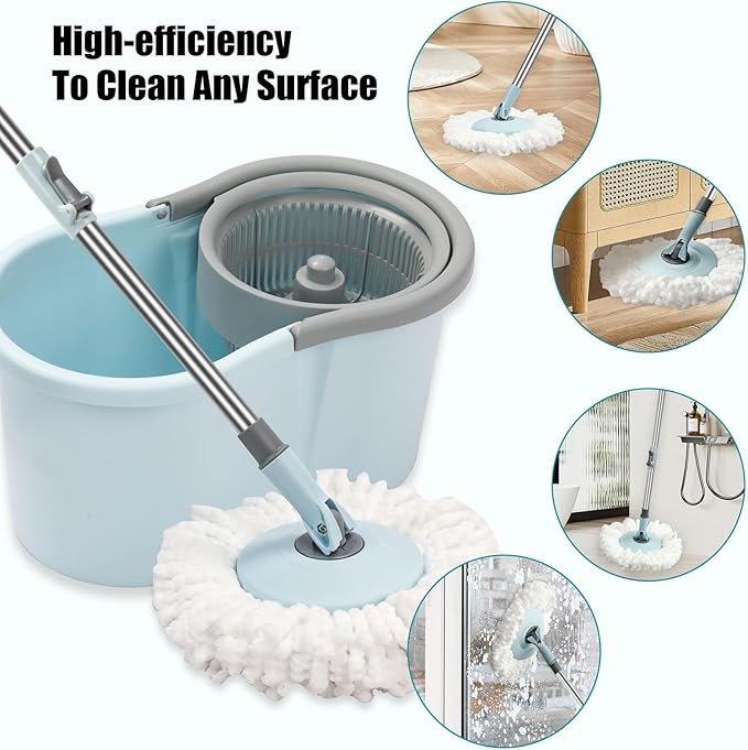 Spin Mop and Bucket with Wringer Set, 360° Spinning Mop Bucket System with 3 Microfiber Mop Replacement Heads, Adjustable Handle for Floor Cleaning (Light Blue)