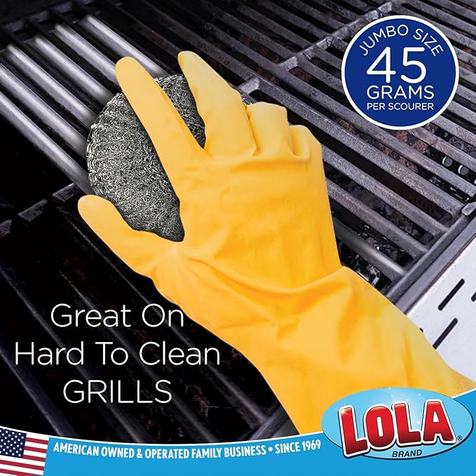 LOLA Steel Wool Wire Mesh Scouring Pad, 12 Pack, 4" Jumbo, Galvanized Steel, Heavy Duty Cleaning, Abrasive Scrubber, for Pots, Pans, Ovens, Grills