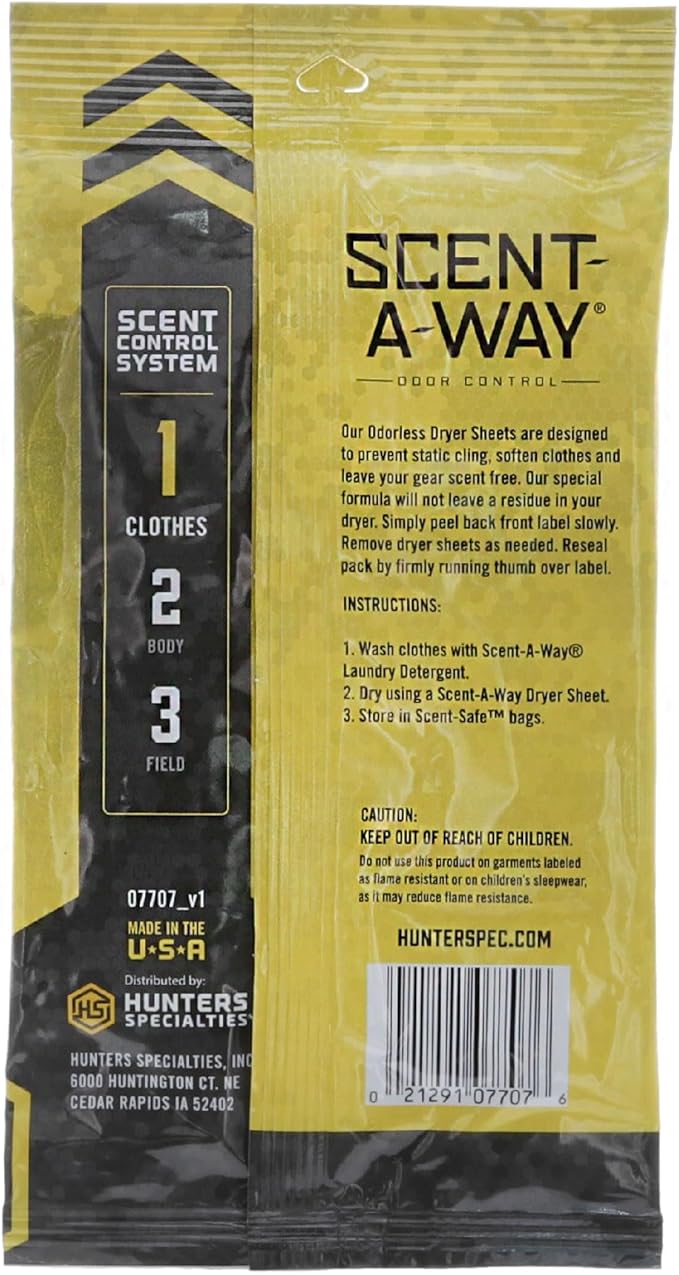 Hunters Specialties Scent-A-Way Dryer Sheets - Re-Sealable 15 Sheets Pack No Residue Odorless/Fresh Earth Scent for All Fabrics & Hunting Clothes