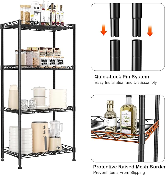 4-Tier Wire Shelf Metal Rack,Narrow Wire Shelving Unit 17.3" Wx11.4 Dx44.3 H,Height Adjustable Storage Pantry Shelves with Lockable Wheels for Kitchen,Laundry,Office,Bathroom Or Small Spaces