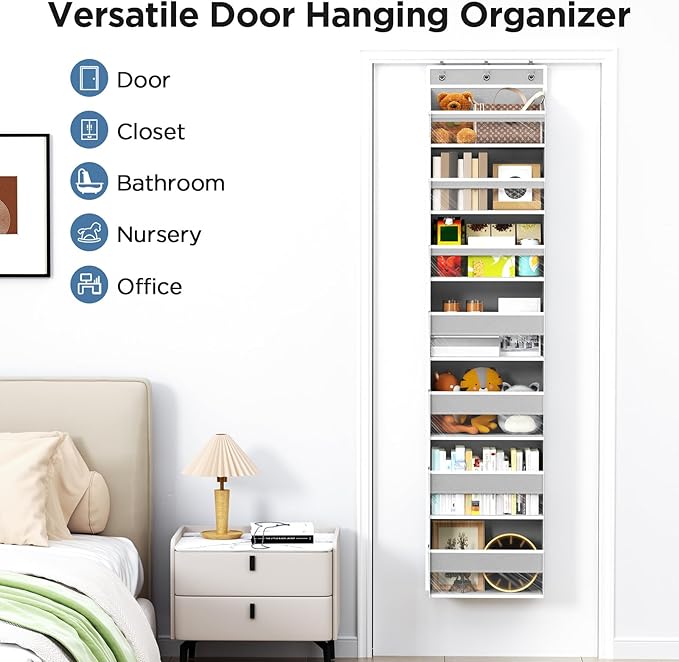 Mefirt Over The Door Organizer, 7 Tier Door Hanging Organizers with 7 Large Pockets 12 Side Pockets, Behind Door Storage Hanging Shelves for Closet Bathroom Bedroom Nursery