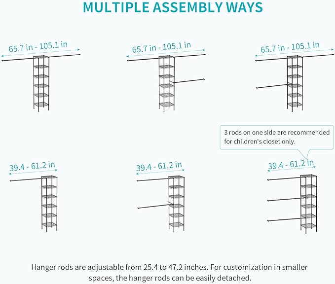 Ulif M1 Closet Storage Organizer System, 6 Tiers Heavy Duty Metal Garment Rack with 3 Expandable Hanger Rods, Wall Mounted Space Saver Suits from 5.4-8.7 ft. Width, 71.2”H x 14”D, 700LBS, Black