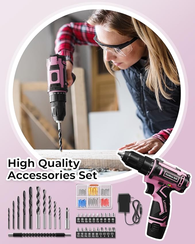 Pink Cordless Drill Set, Electric Power Drill for Women, Lightweight Electric Screwdriver Driver with Battery & Charger, 3/8" Keyless Chuck, Womens Tool Kit for Home DIY Projects