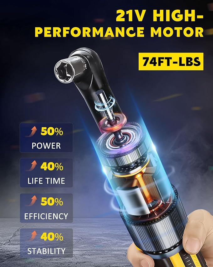 3/8" Cordless Ratchet Wrench,74Ft-lbs Electric Ratchet Wrench, Chargeable Power Ratchet Driver with 2 X 21V Lithium-Ion Battery,7 Sockets, 3" Extension Bar, 1/4" Adapter