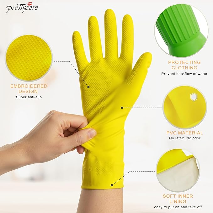 PrettyCare 2 Pairs Rubber Cleaning Gloves long & short for Household - Reusable Dishwashing Gloves for Kitchen, Flexible Long-lasting