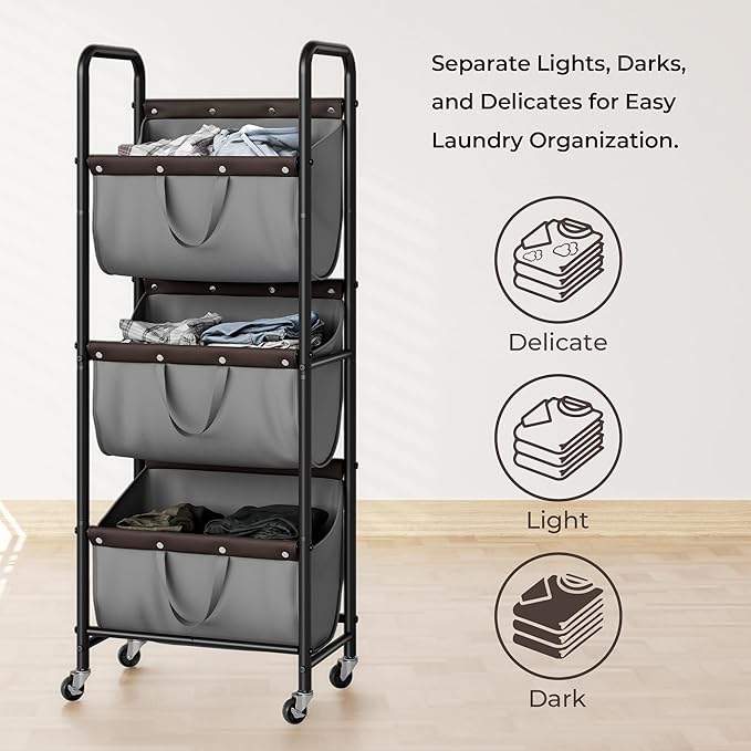 GRANNY SAYS 3 Tier Laundry Sorter, Laundry Hamper with Wheels, Laundry Room Organization and Storage, 3 Section Rolling Laundry Cart for Dorm, Bathroom, Bedroom, Closet, Grey