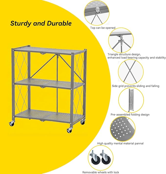 BRIAN & DANY 3-Tier Foldable Storage Shelves with Wheels, No Assembly Folding Shelf Metal Rack, Shelving Unit for Kitchen, Garage, Gray