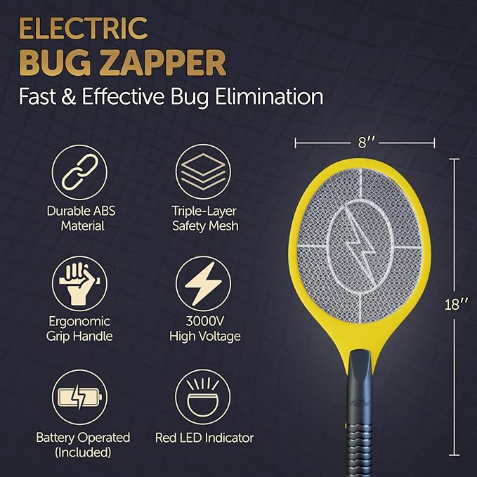 Bug Zapper 18" Electric Fly & Mosquito Swatter Racket - Outdoor/Indoor Killer for Flies, Battery-Operated Tennis Killing Zap, 3000 Volts Electronic Catcher, 2 AA Batteries Included - Yellow