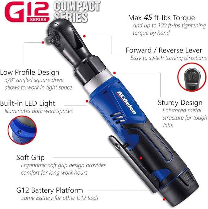ACDelco ARW1209-P2 G12 Series 12V Li-ion Cordless 3/8” 45 ft-lbs. Ratchet Wrench Tool Kit with 2 Batteries
