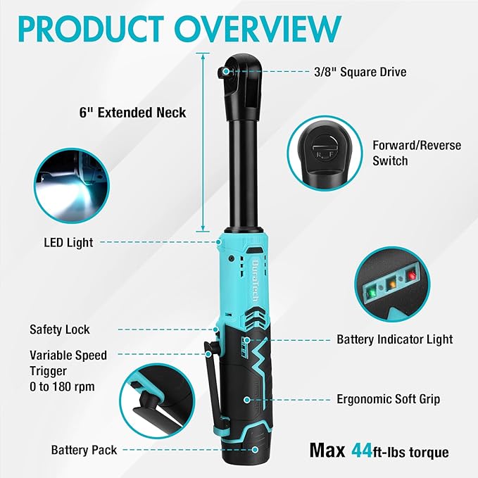 DURATECH Extended Cordless Ratchet Wrench, 3/8" 12V 44 Ft-Lbs Long Neck Electric Ratchet Wrench with 2-Pack 2.0Ah Li-Ion Battery, 1 Hour Fast Charger, 10 Sockets Accessories & Variable Speed Trigger