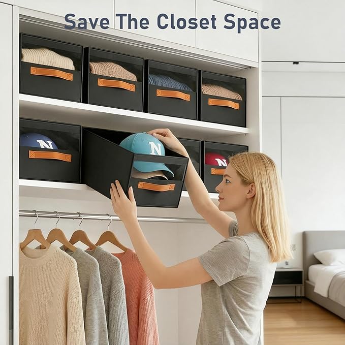 DIMJ Closet Organizers and Storage - Fabric Bins with Drawers for Closet Foldable Clothes Organizers with Clear Window, Stackable Storage Drawers Units for Hat, 6-Pack, Black