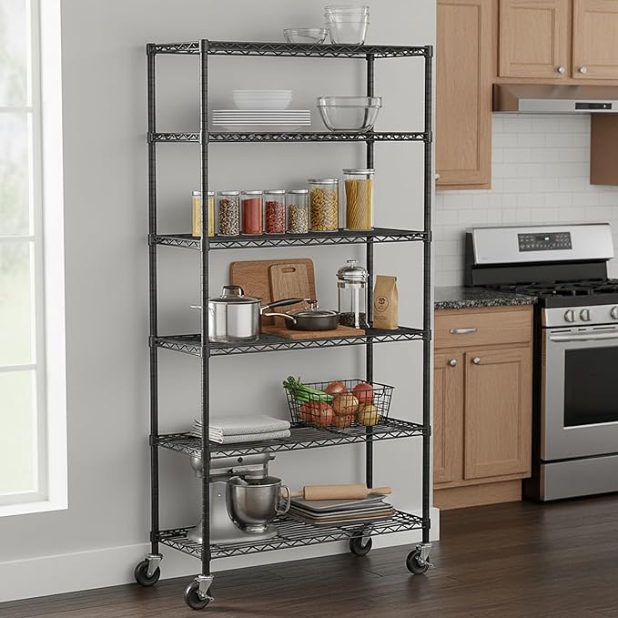 Folews 6-Tier Metal Storage Rack with Wheels, Sturdy Adjustable Wire Shelving Unit for Garage Kitchen Pantry Laundry Room, 36" W x 14" D x 75" H Large Rolling Organizer Shelf Easy Assembly, Black
