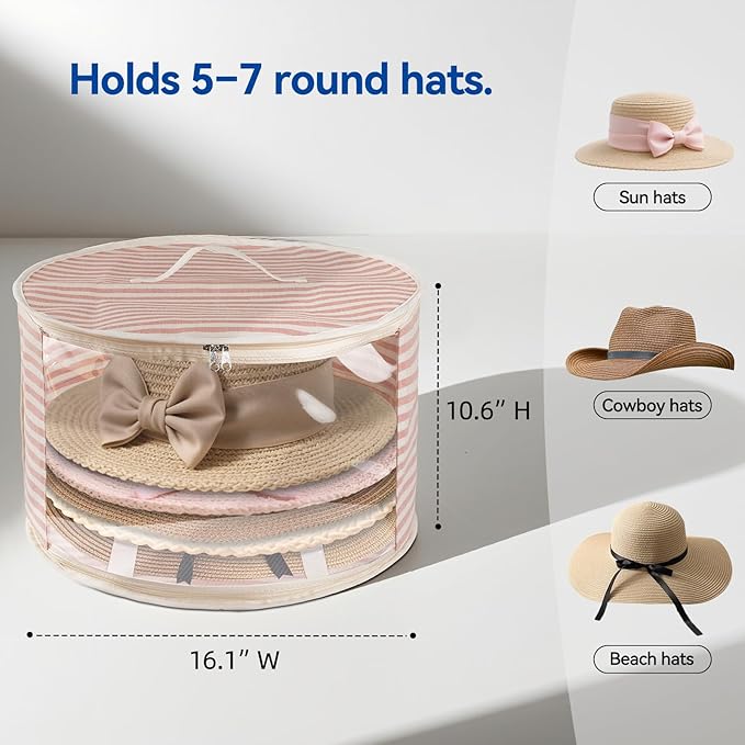 1 Pack Hat Storage Box with Clear Window, Holds up to 7 Caps Cowboy Hat Organizer Bag for Closet for Wide Brim Hats with Carrying Handles, Pink