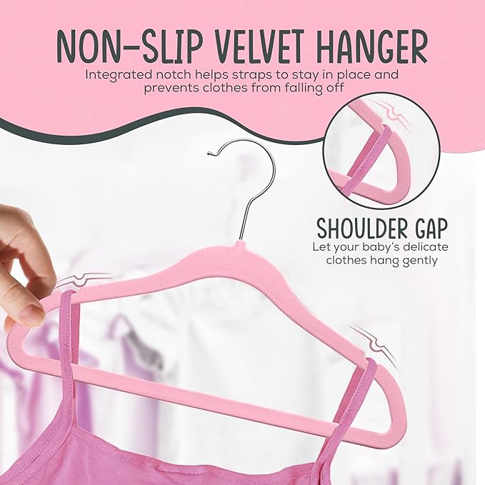 TechZoo 25 Premium Baby Velvet Hangers - 11.8 Inches Non-Slip & Ultra-Slim Baby Hangers for Space-Saving & Children Clothes - 360 Swivel Hook, Strong & Durable Infant & Toddler Clothes Hanger - Pink