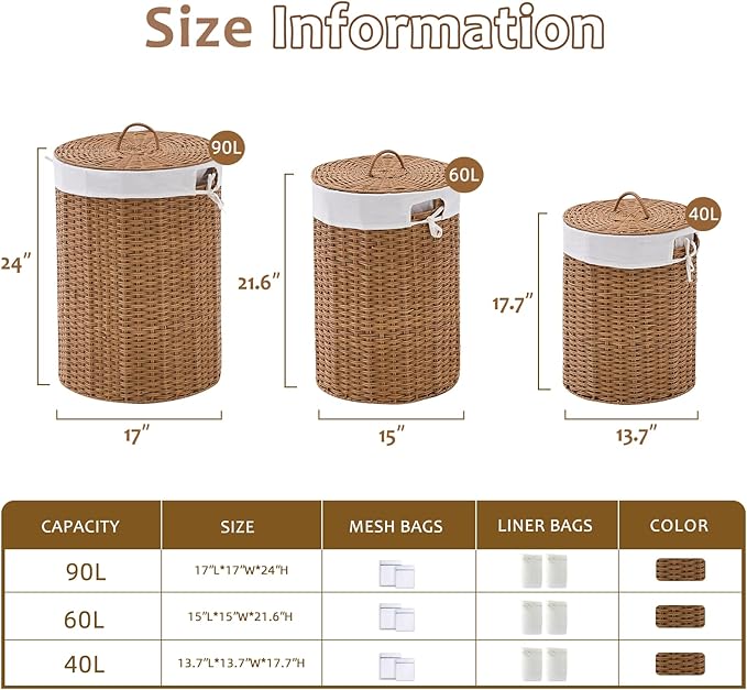 Round Wicker Laundry Hamper with Lid Handwoven Rattan Basket with Handles for Dirty Clothes, 2 Washable Liner Bags, No Assembly Required, Washable Basket, 60L