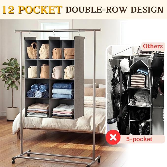Ofiray-home 4 Tier Hanging Closet Organizer, 12 Compartments Sweater Organizer for Closet with 3 Sturdy Hooks, Closet Organizers and Storage, Wardrobe, Rv, Garment Rack, Grey